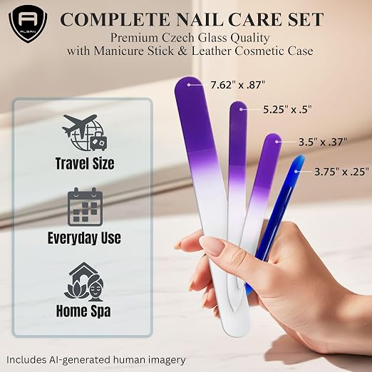 Alban Czech Glass Nail File Set with Manicure Stick & Vegan Leather Case