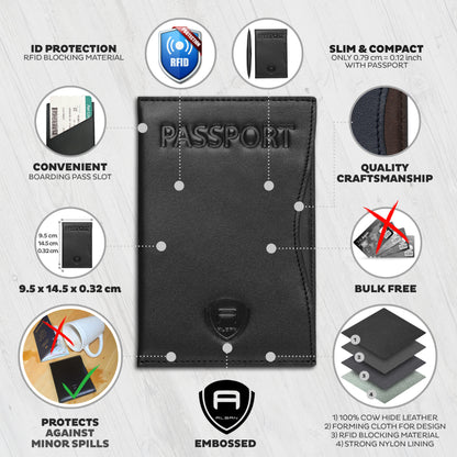Alban RFID Passport Holder Women Men RFID Blocking Travel Passport Wallet Case Genuine Ebony Black Leather Passport Cover porta pasaporte
