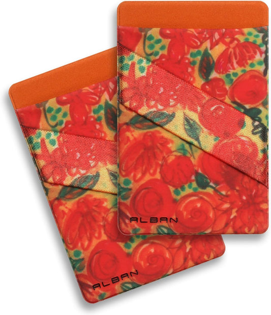 Alban Credit Card Holder Stick on Cell Phone Wallet RFID Blocking with Finger Strap 2 Pack (Orange Floral)
