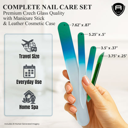 Alban Czech Glass Nail File Set with Manicure Stick & Vegan Leather Cosmetic Case (Green-Blue Nail Files, Green Manicure Stick & Light Blue Cosmetic Case) (ALB54)