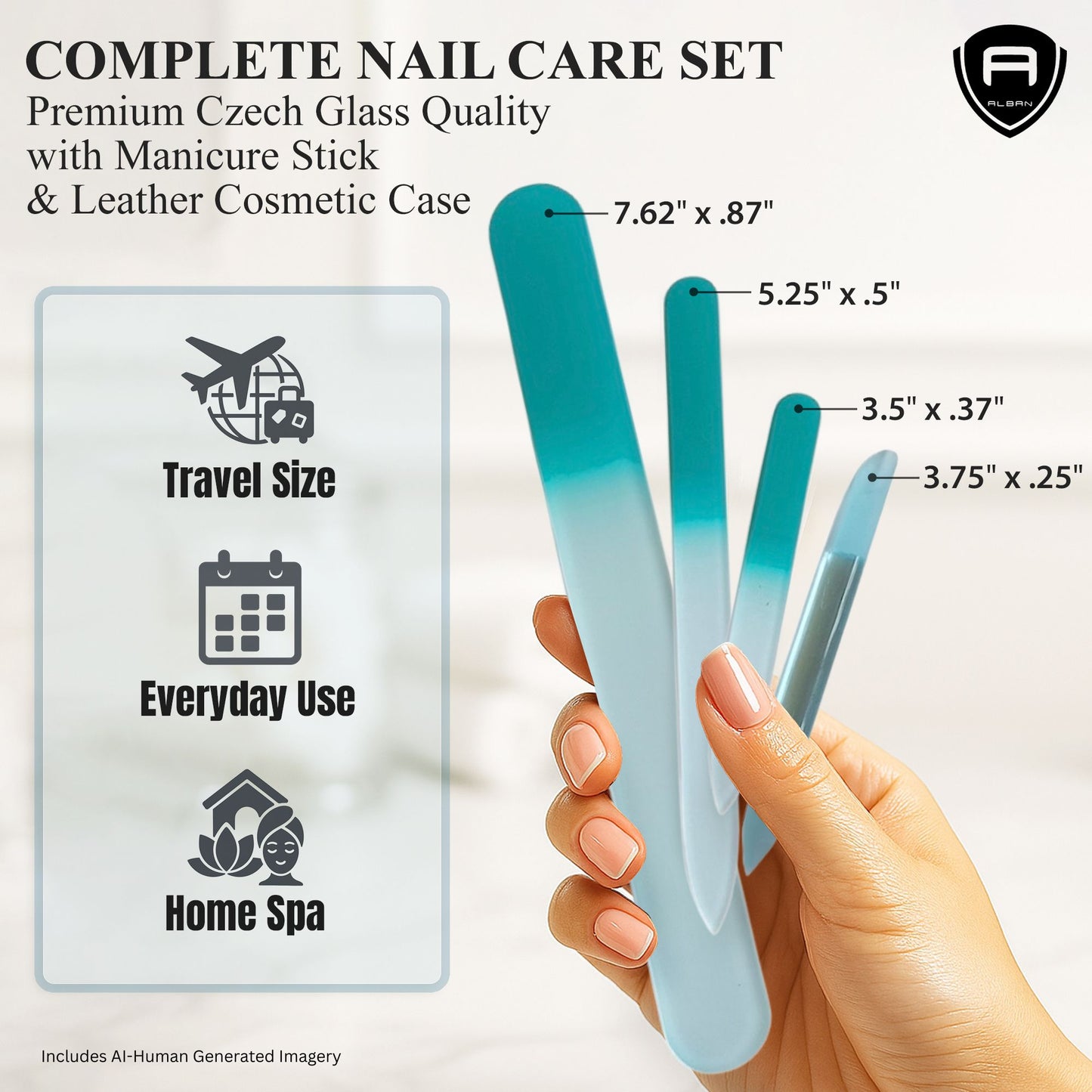 Alban Czech Glass Nail File Set with Manicure Stick & Vegan Leather Cosmetic Case (Turquoise Nail Files, Light Blue Manicure Stick & Cosmetic Case) (ALB55)