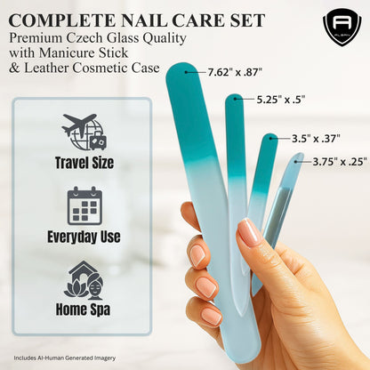 Alban Czech Glass Nail File Set with Manicure Stick & Vegan Leather Cosmetic Case (Turquoise Nail Files, Light Blue Manicure Stick & Cosmetic Case) (ALB55)