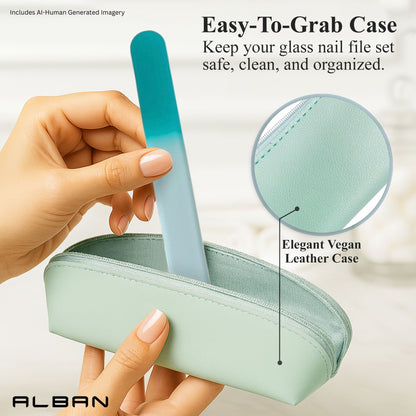 Alban Czech Glass Nail File Set with Manicure Stick & Vegan Leather Cosmetic Case (Turquoise Nail Files, Light Blue Manicure Stick & Cosmetic Case) (ALB55)