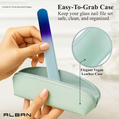 Alban Czech Glass Nail File Set with Manicure Stick & Vegan Leather Cosmetic Case (Royal Blue & Purple Nail Files, Light Blue Manicure Stick & Cosmetic Case) (ALB59)