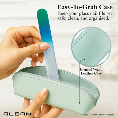 Alban Czech Glass Nail File Set with Manicure Stick & Vegan Leather Cosmetic Case (Green-Blue Nail Files, Green Manicure Stick & Light Blue Cosmetic Case) (ALB54)