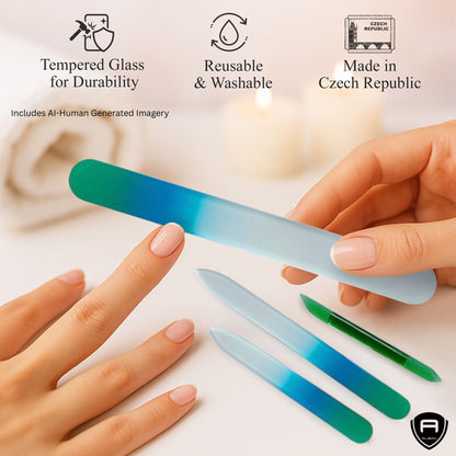 Alban Czech Glass Nail File Set with Manicure Stick & Vegan Leather Cosmetic Case (Green-Blue Nail Files, Green Manicure Stick & Light Blue Cosmetic Case) (ALB54)