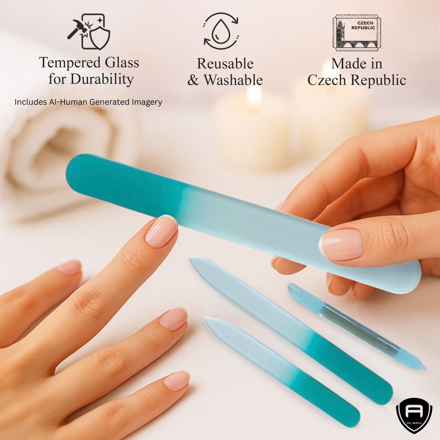 Alban Czech Glass Nail File Set with Manicure Stick & Vegan Leather Cosmetic Case (Turquoise Nail Files, Light Blue Manicure Stick & Cosmetic Case) (ALB55)