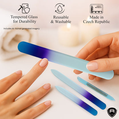 Alban Czech Glass Nail File Set with Manicure Stick & Vegan Leather Cosmetic Case (Royal Blue & Purple Nail Files, Light Blue Manicure Stick & Cosmetic Case) (ALB59)