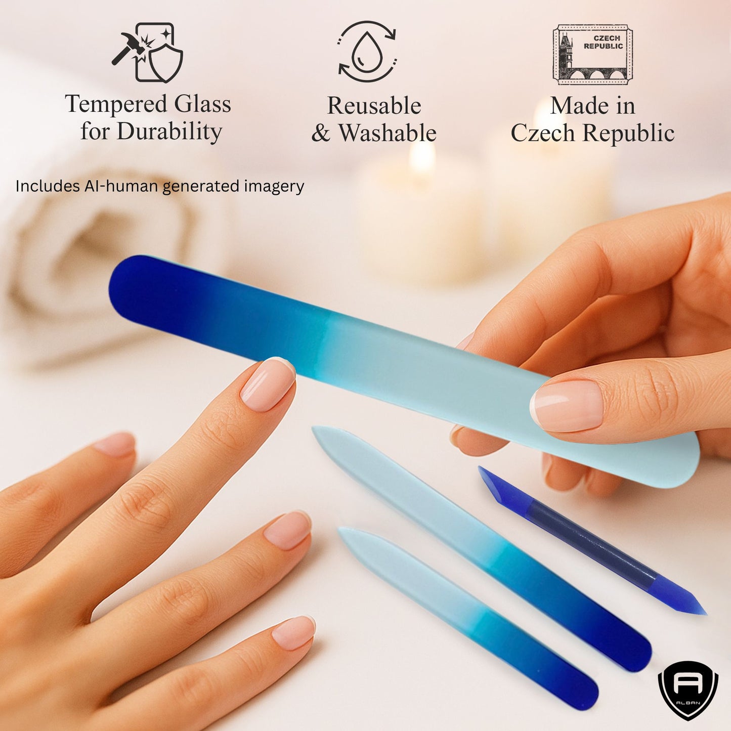 Alban Czech Glass Nail File Set with Manicure Stick & Vegan Leather Cosmetic Case (Royal Blue Nail Files, Royal Manicure Stick & Light Blue Cosmetic Case)