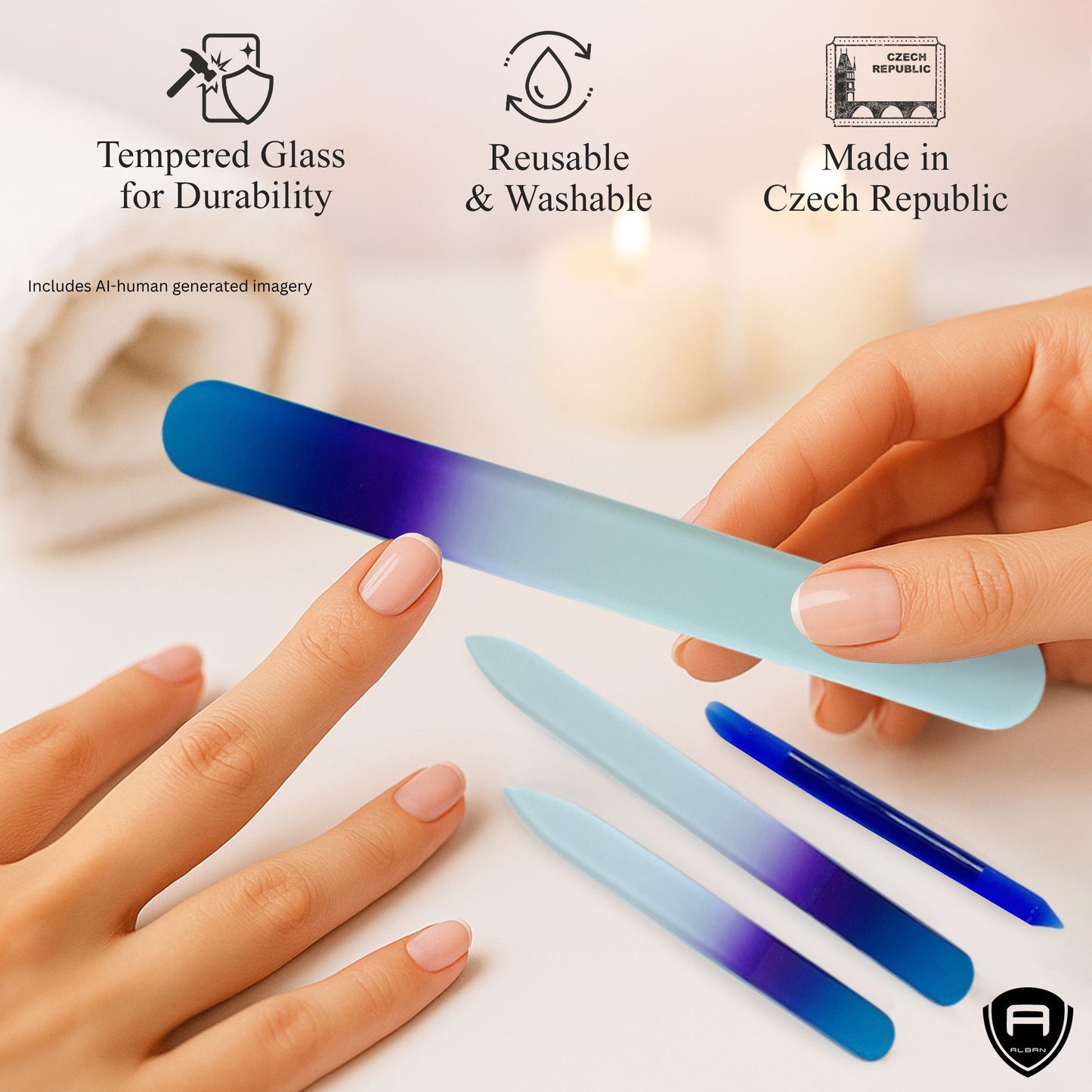 Alban Czech Glass Nail File Set with Manicure Stick & Vegan Leather Cosmetic Case (Royal Blue & Purple Nail Files, Royal Manicure Stick & Light Blue Cosmetic Case)