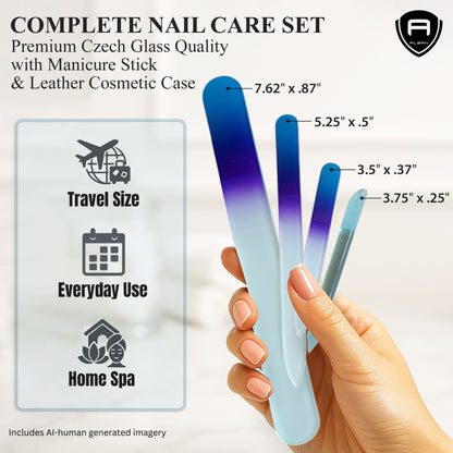 Alban Czech Glass Nail File Set with Manicure Stick & Vegan Leather Cosmetic Case (Royal Blue & Purple Nail Files, Light Blue Manicure Stick & Cosmetic Case) (ALB59)