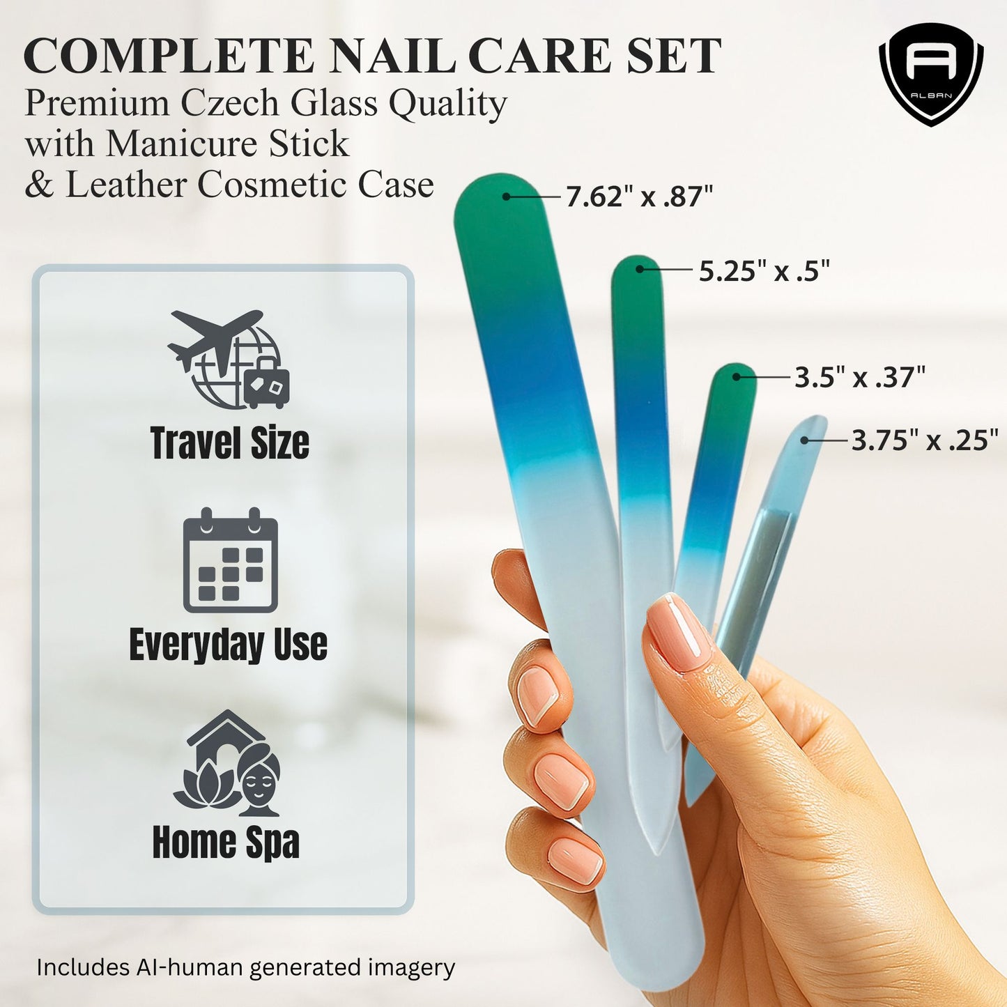 Alban Czech Glass Nail File Set with Manicure Stick & Vegan Leather Cosmetic Case (Green-Blue Nail Files, Light Blue Manicure Stick & Cosmetic Case) (ALB61)