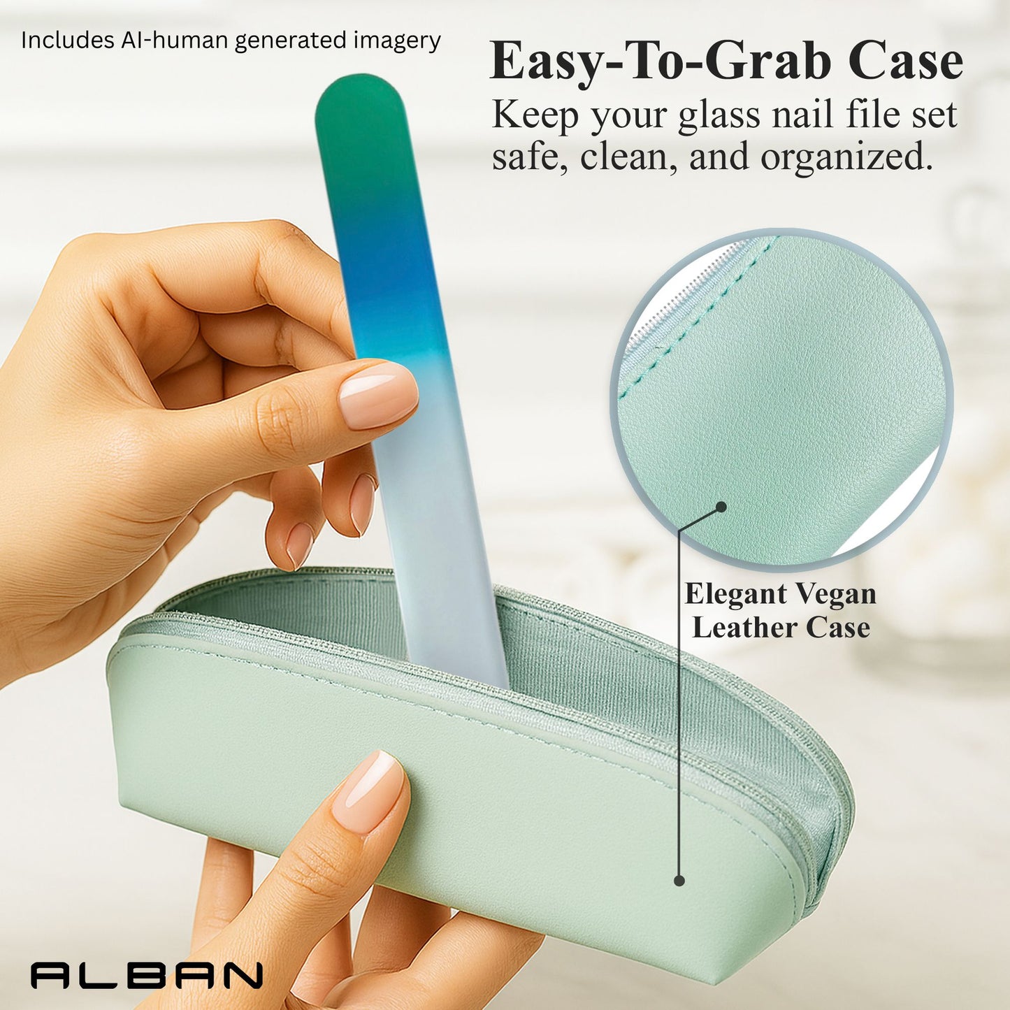 Alban Czech Glass Nail File Set with Manicure Stick & Vegan Leather Cosmetic Case (Green-Blue Nail Files, Light Blue Manicure Stick & Cosmetic Case) (ALB61)