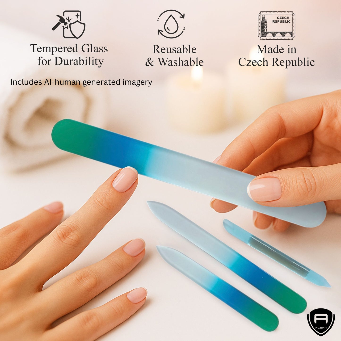 Alban Czech Glass Nail File Set with Manicure Stick & Vegan Leather Cosmetic Case (Green-Blue Nail Files, Light Blue Manicure Stick & Cosmetic Case) (ALB61)