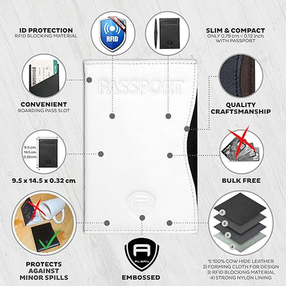 Alban RFID Passport Holder Women Men RFID Blocking Travel Passport Wallet Case Genuine White Leather Passport Cover porta pasaporte