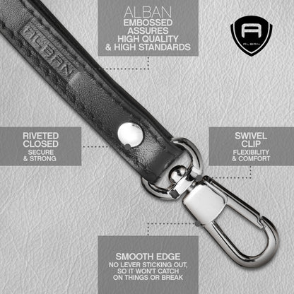 Alban Leather Wrist Strap for Wallet, Clutch, Keys, Wristlet Purse, Keychain for Women and Men - Genuine Black Leather Strap with Silver Metal Clasp