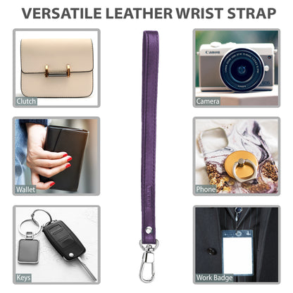 Alban Leather Wrist Strap for Wallet, Clutch, Keys, Wristlet Purse, Keychain for Women and Men - Genuine Purple Leather Strap with Silver Metal Clasp
